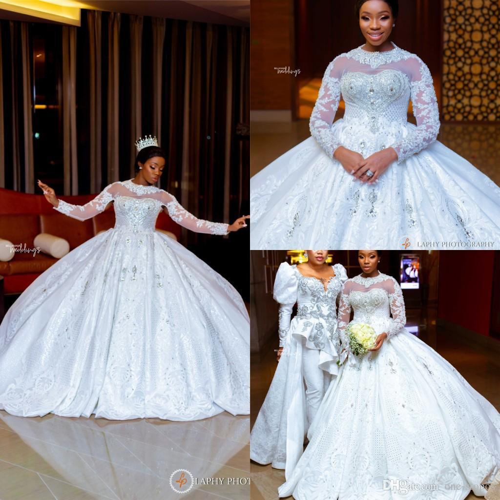 

2023 Ballgown Wedding Dresses Bridal Gown Long Sleeves Lace Applique Tulle Beaded Satin Floor Length Custom Made Garden Castle Plus Size Vestido de novia, White