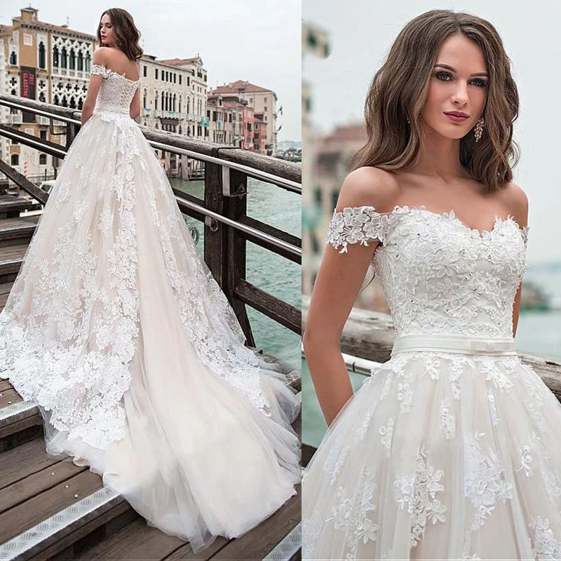 Elegant A-line Wedding Dresses Off Shoulder Lace Appliques Princess Boho Beach Wedding Gowns, Ivory
Elegant A-line Wedding Dresses Off Shoulder Lace Appliques Princess Boho Beach Wedding Gowns, Ivory