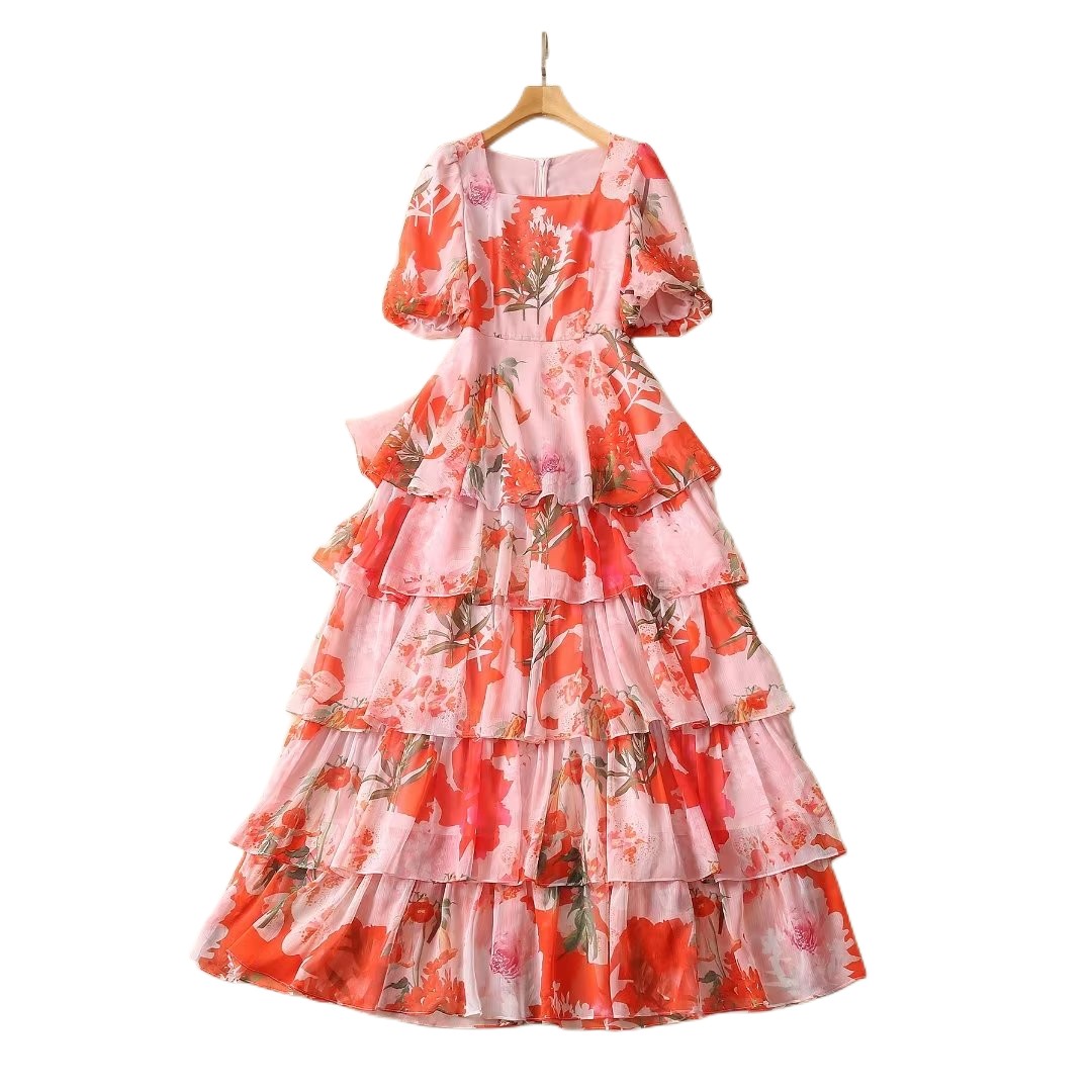 French vintage art chic elegant square neck floral ruffle print dress, Customize 
French vintage art chic elegant square neck floral ruffle print dress, Customize