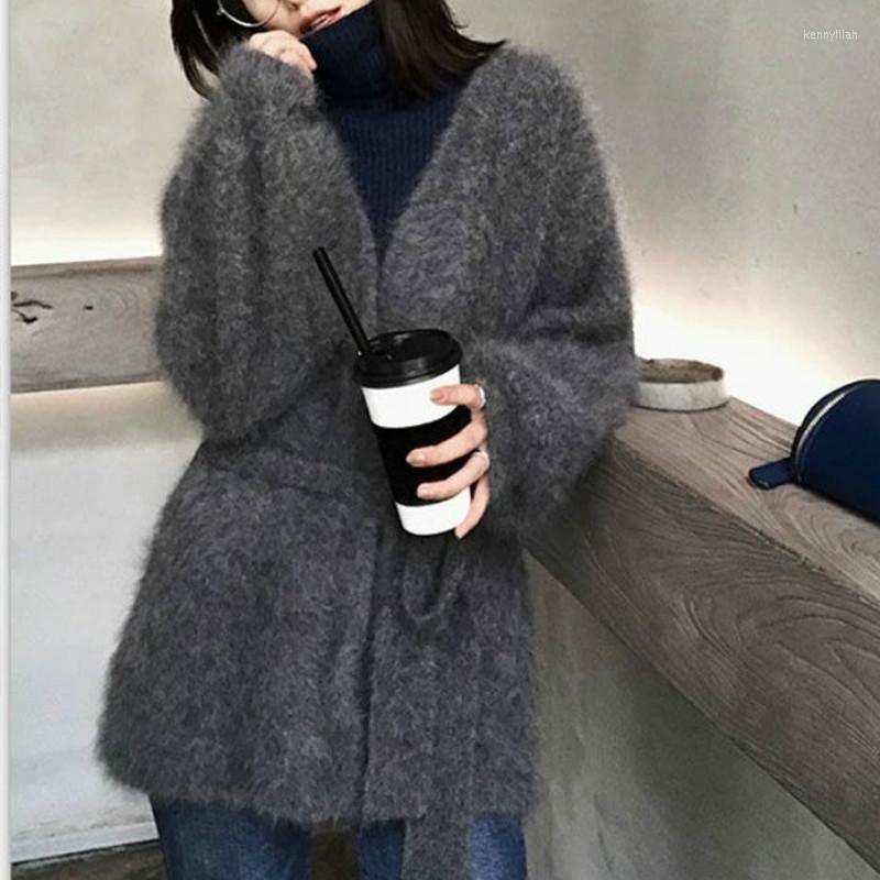 

Women's Trench Coats 2022 Woman Coat Autumn/Winter Mink Fleece Plus Velvet Sweater Women Cardigan Loose Mid-length Lazy Style Lace, Gray