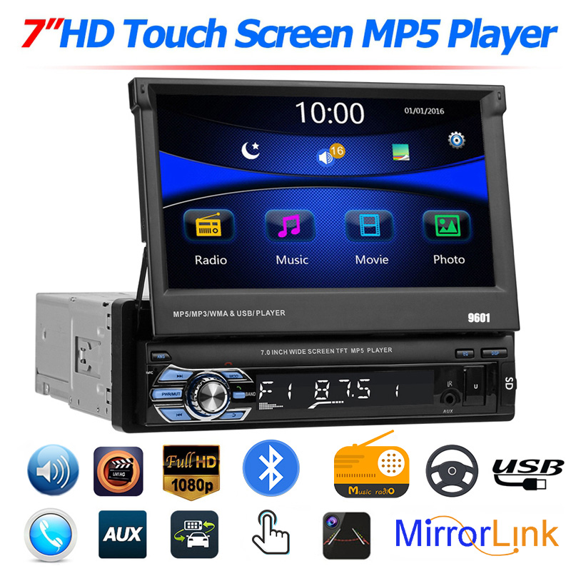 Retractable 7 inch Touch Screen Flip Out Screen Car Stereo with Wireless Carplay and Android Auto, Radio Support Bluetooth/SWC/USB/FM + Backup Camera 