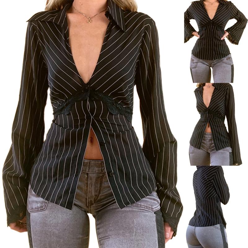 Women' Blouses & Shirts Autumn Women Lace Striped T Shirt V Neck Button Elegant Crop Top Vintage Skinny Flare Sleeve Cardigans Ladies Grung
Women' Blouses & Shirts Autumn Women Lace Striped T Shirt V Neck Button Elegant Crop Top Vintage Skinny Flare Sleeve Cardigans Ladies Grung