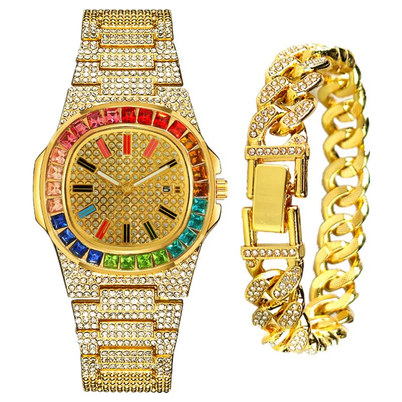 Wristwatches 2pcs Bracelet Watches For Men Women Luxury Iced Out Watch Clock HipHop Gold Cuban Chain Gift Set Relogio Masculino, A 2pcs gold