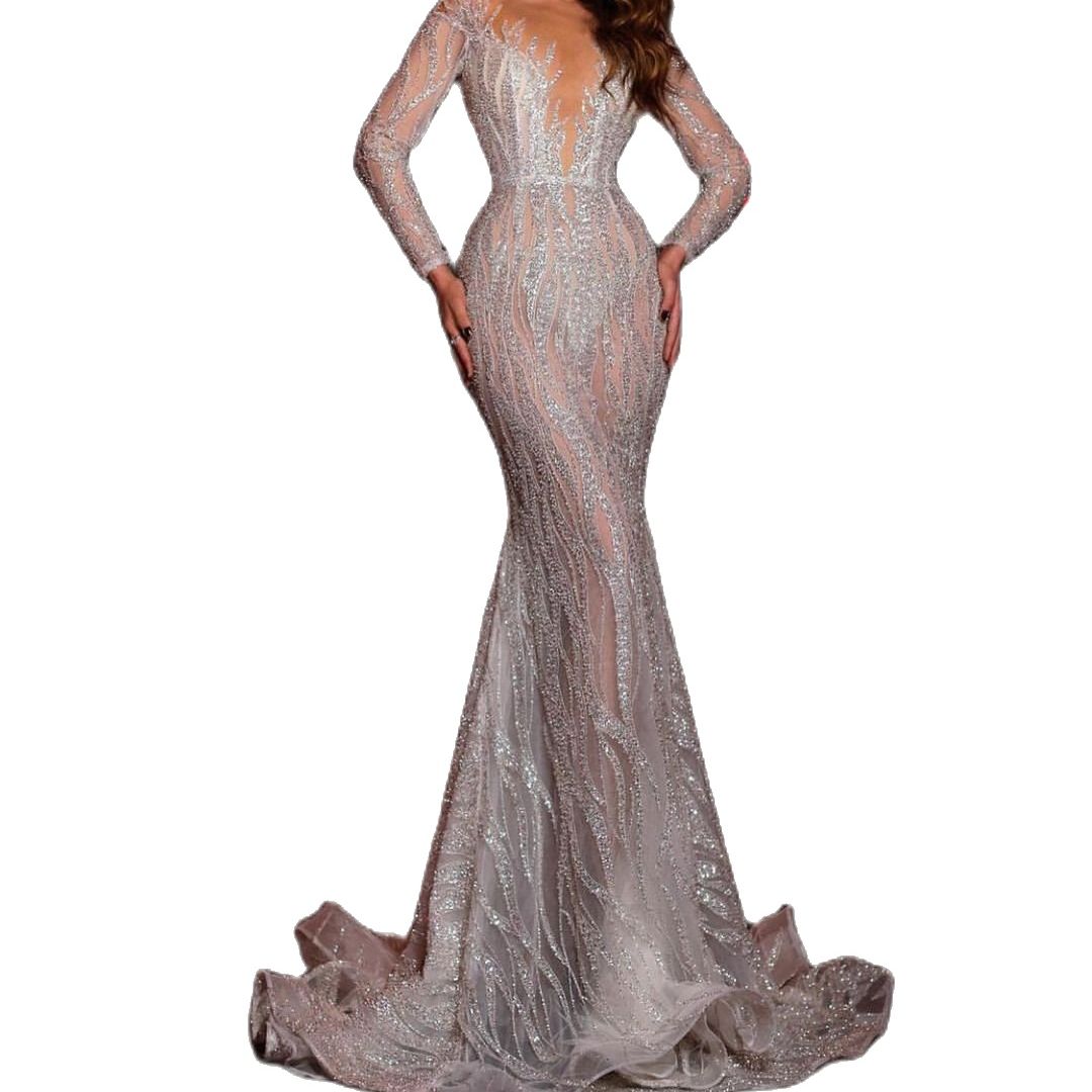 Graceful Glitter Mermaid Wedding Dresses Simple V Neck Sequins Lace Illusion Bridal Gowns Aso Ebi Bride Dress Arabic