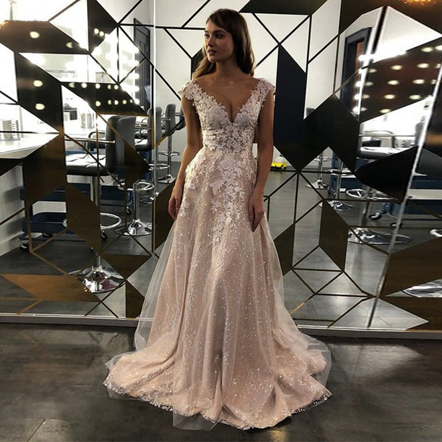Glitter Boho Bridal Lace Appliques Shiny Beach A-e Wedding Dresses Sheer Scoop Plus Size Mariage Gowns