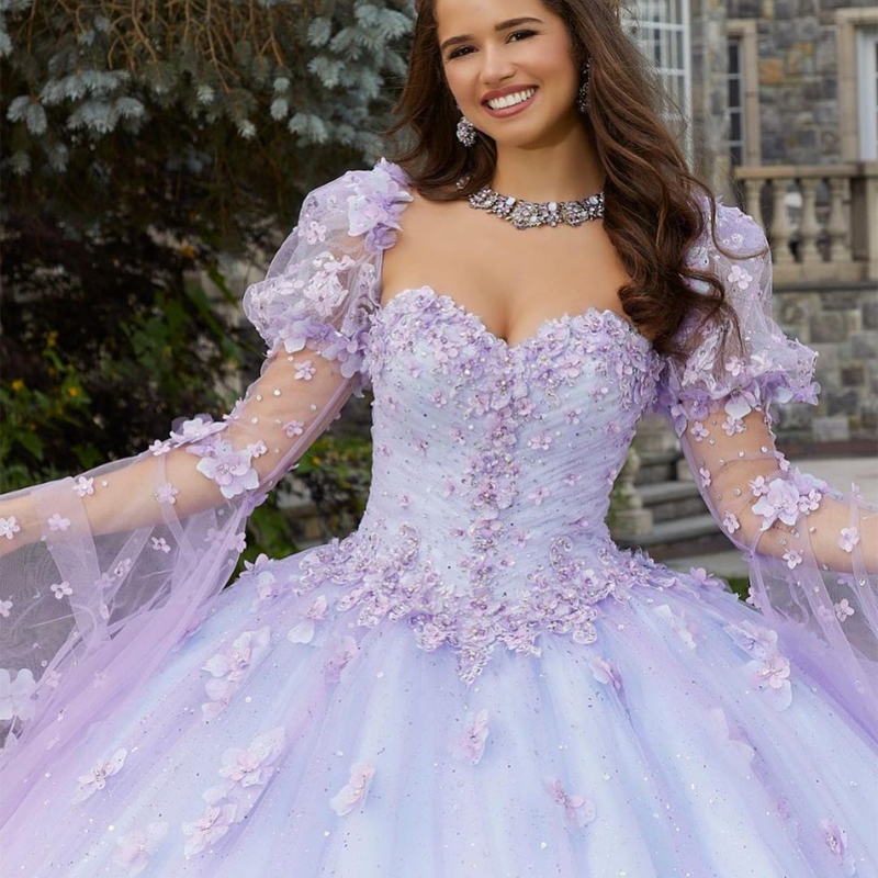 Vintage Lilac Quinceanera Dresses Sweetheart Flare Sleeve Sweet 16 Prom Gown 3D wer Pearls vestidos de 15 quinceanera