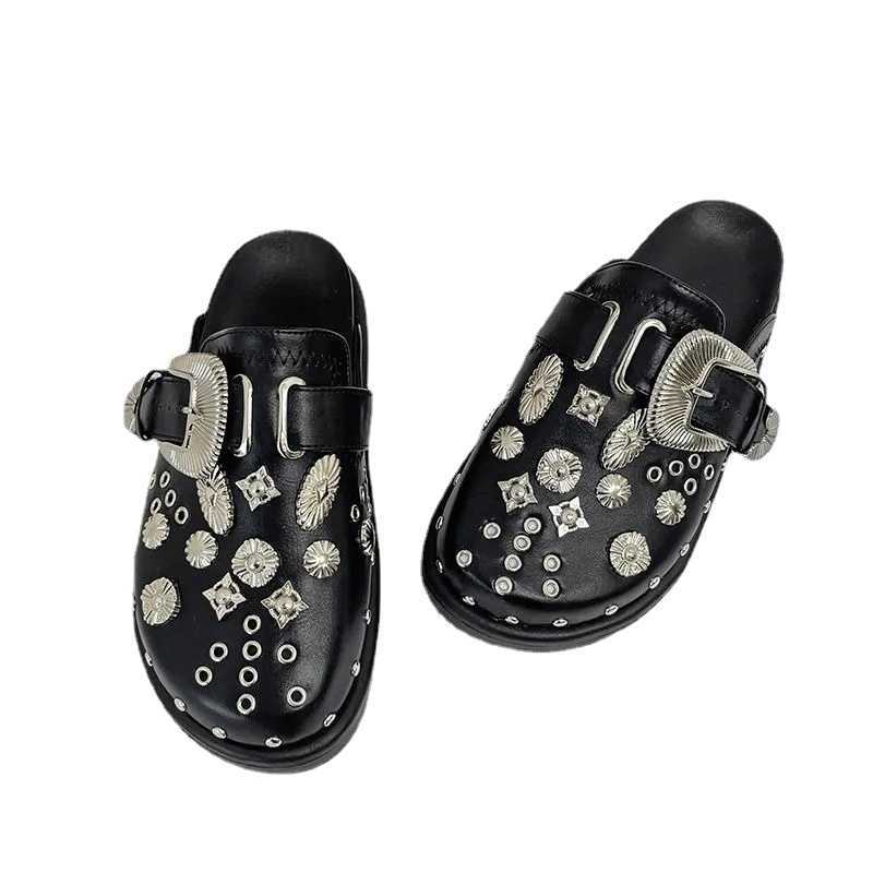 Slippers Summer Women Slippers Platform Punk Rock Leather Mules Creative Metal Fittings Casual Party Shoes Female Outdoor Slides T221209