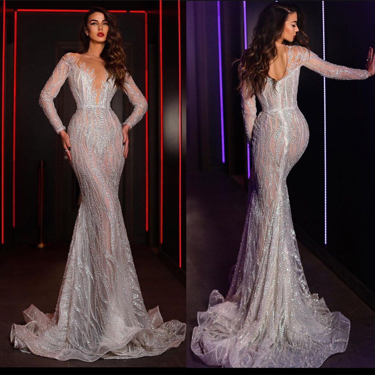 Graceful Glitter Mermaid Wedding Dresses Simple V Neck Sequins Lace Illusion Bridal Gowns Aso Ebi Bride Dress Arabic