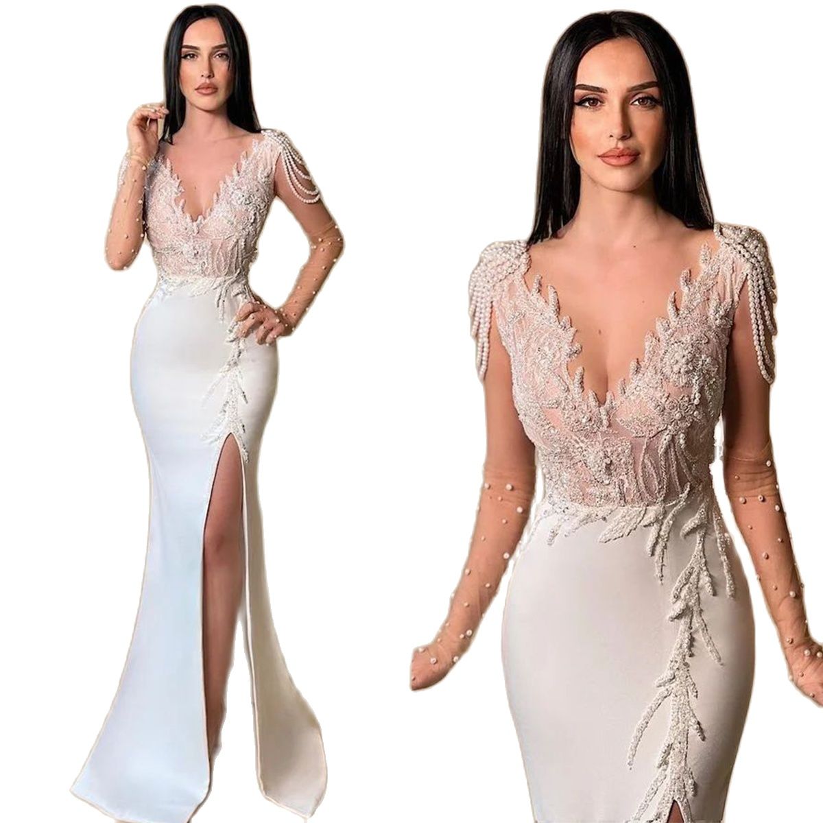 Elegant Women Pearl Mermaid Wedding Dresses Exquisite V Neck Lace High Split Bridal Gowns Aso Ebi Bride Dress Arabic