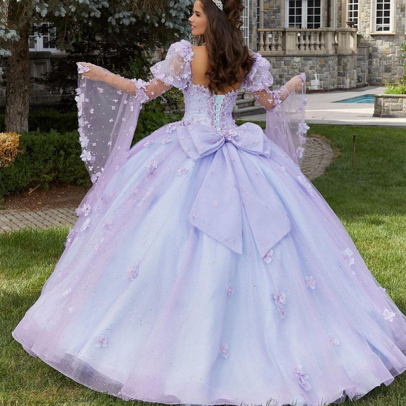 Vintage Lilac Quinceanera Dresses Sweetheart Flare Sleeve Sweet 16 Prom Gown 3D wer Pearls vestidos de 15 quinceanera