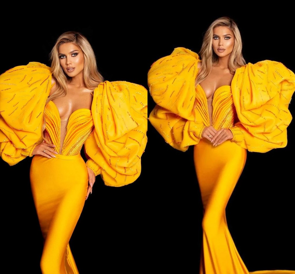 Exaggerated Puff Sleeves Bright Yellow Evening Dresses Saudi Arabia Deep V Neck Ruched Satin Sequined Special Occasion Party Gowns Trumpet Prom Formal Wear CL1585, Hunter green
Exaggerated Puff Sleeves Bright Yellow Evening Dresses Saudi Arabia Deep V Neck Ruched Satin Sequined Special Occasion Party Gowns Trumpet Prom Formal Wear CL1585, Hunter green