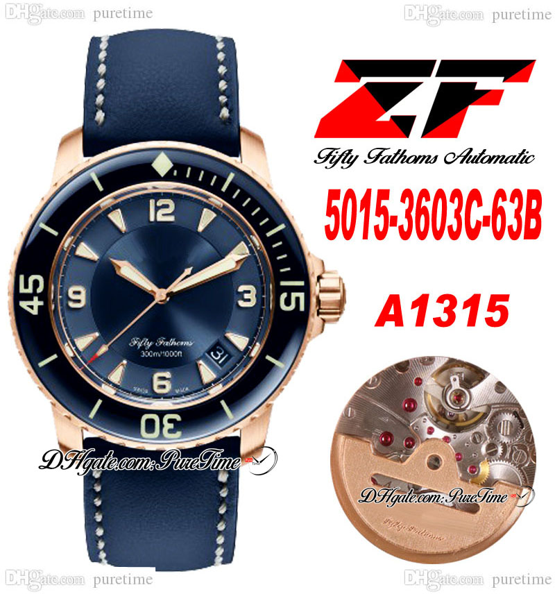 ZF Fifty Fathoms 5015-3603C-63B A1315 Automatic Mens Watch 50 Fathoms 18k Rose Gold Blue Dial Sail-Canvas Strap Super Edition Puretime B2 
ZF Fifty Fathoms 5015-3603C-63B A1315 Automatic Mens Watch 50 Fathoms 18k Rose Gold Blue Dial Sail-Canvas Strap Super Edition Puretime B2