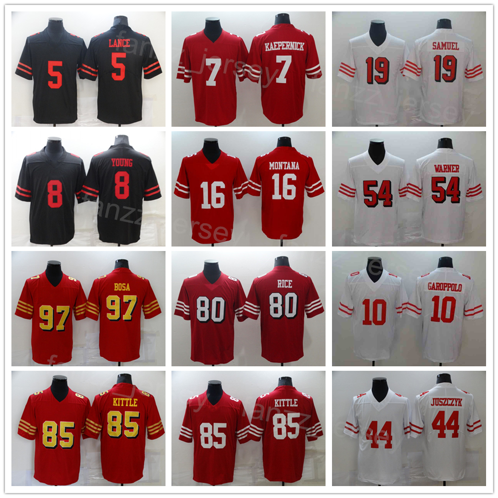 Men Football 44 Kyle Juszczyk Jerseys 54 Fred Warner 80 Jerry Rice 85 George Kittle 97 Nick Bosa 42 Ronnie Lott 5 Trey Lance 7 Colin Kaepernick Black White Red Stitched
Men Football 44 Kyle Juszczyk Jerseys 54 Fred Warner 80 Jerry Rice 85 George Kittle 97 Nick Bosa 42 Ronnie Lott 5 Trey Lance 7 Colin Kaepernick Black White Red Stitched