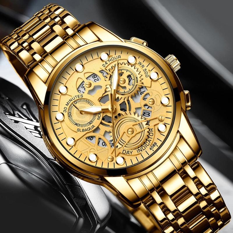 Wristwatches Gold Watch Men Quartz Wristwatch Fashion Stylish Hollow Gear Stainless Steel Waterproof Male Mens Clock Watches Relogio Masculi, Leathertwotonegold
Wristwatches Gold Watch Men Quartz Wristwatch Fashion Stylish Hollow Gear Stainless Steel Waterproof Male Mens Clock Watches Relogio Masculi, Leathertwotonegold