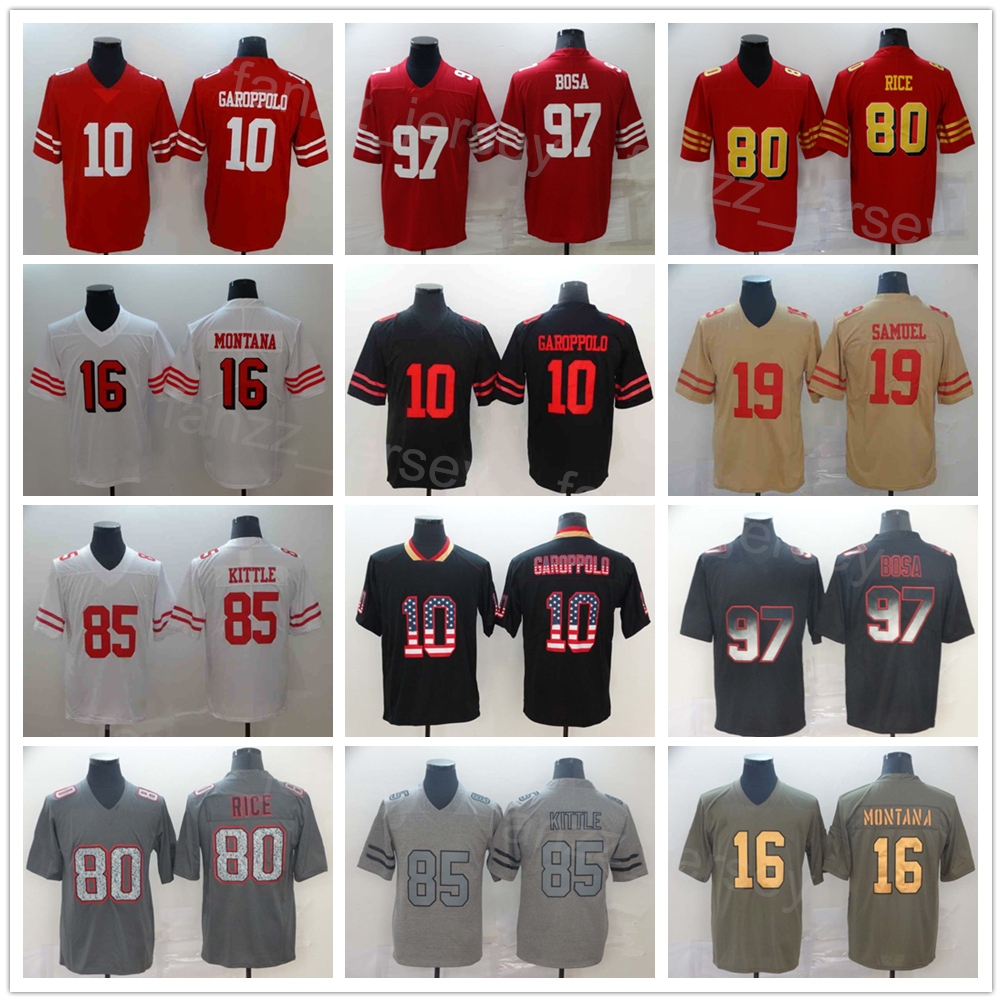 Men Football 10 Jimmy Garoppolo Jerseys 85 George Kittle 97 Nick Bosa 19 Deebo Samuel 16 Joe Montana 80 Jerry Rice Black Red White Army Green Brown All Stitched Team
Men Football 10 Jimmy Garoppolo Jerseys 85 George Kittle 97 Nick Bosa 19 Deebo Samuel 16 Joe Montana 80 Jerry Rice Black Red White Army Green Brown All Stitched Team