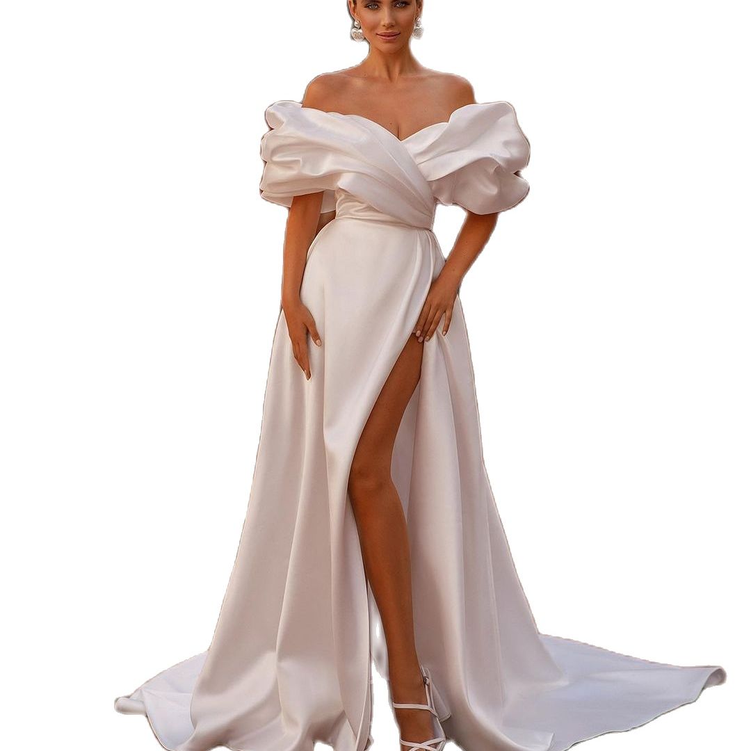 Elegant Satin Dresses Puffy Off The Shoulder A e Wedding Dress High Split Lace Up Back Country Bridal Gowns