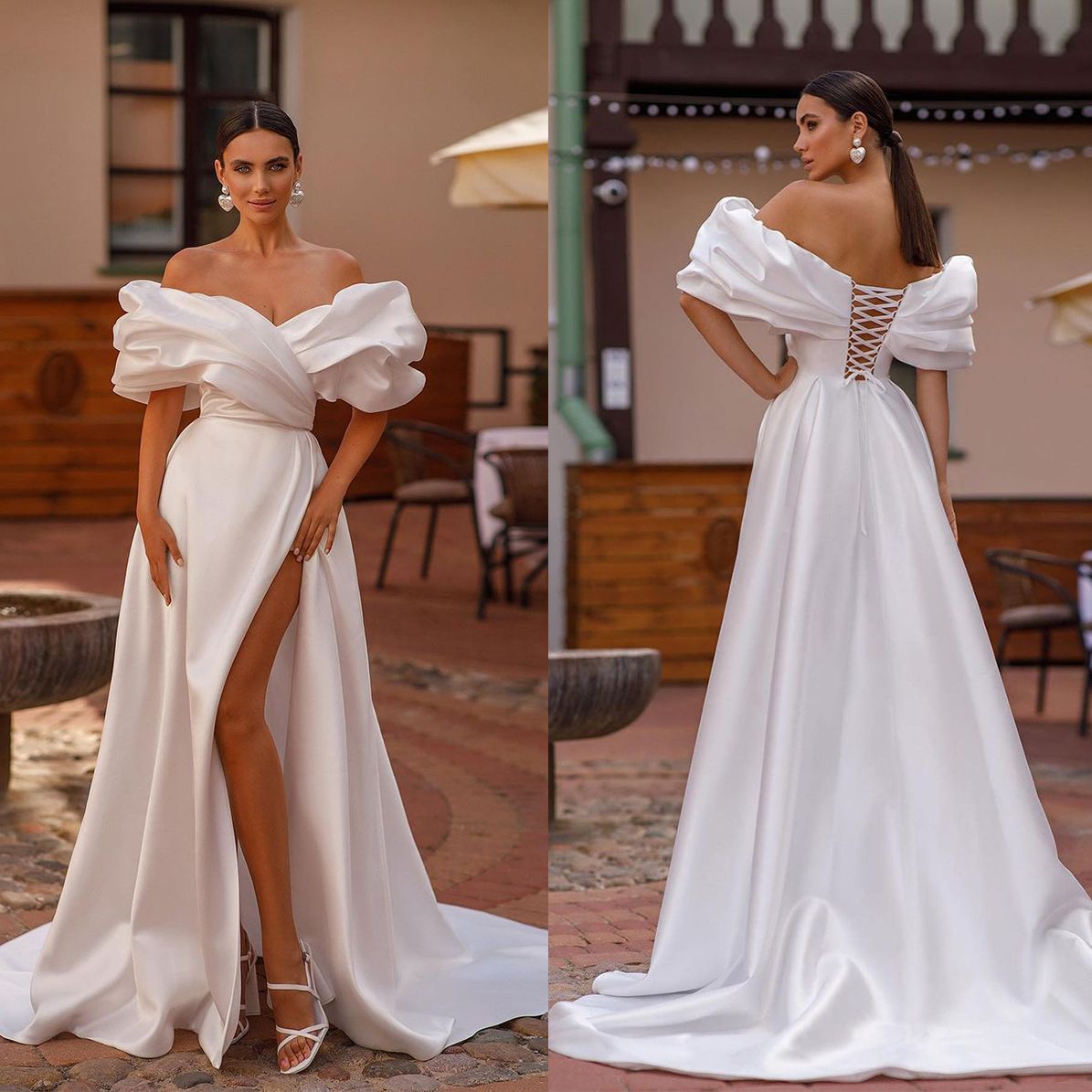 Elegant Satin Dresses Puffy Off The Shoulder A e Wedding Dress High Split Lace Up Back Country Bridal Gowns