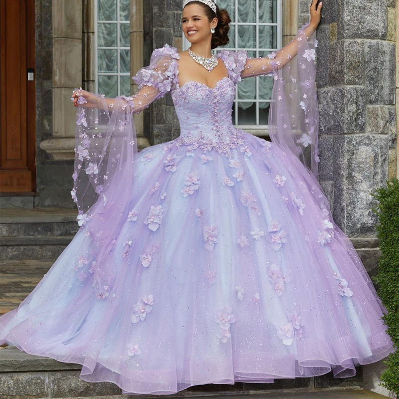 Vintage Lilac Quinceanera Dresses Sweetheart Flare Sleeve Sweet 16 Prom Gown 3D wer Pearls vestidos de 15 quinceanera