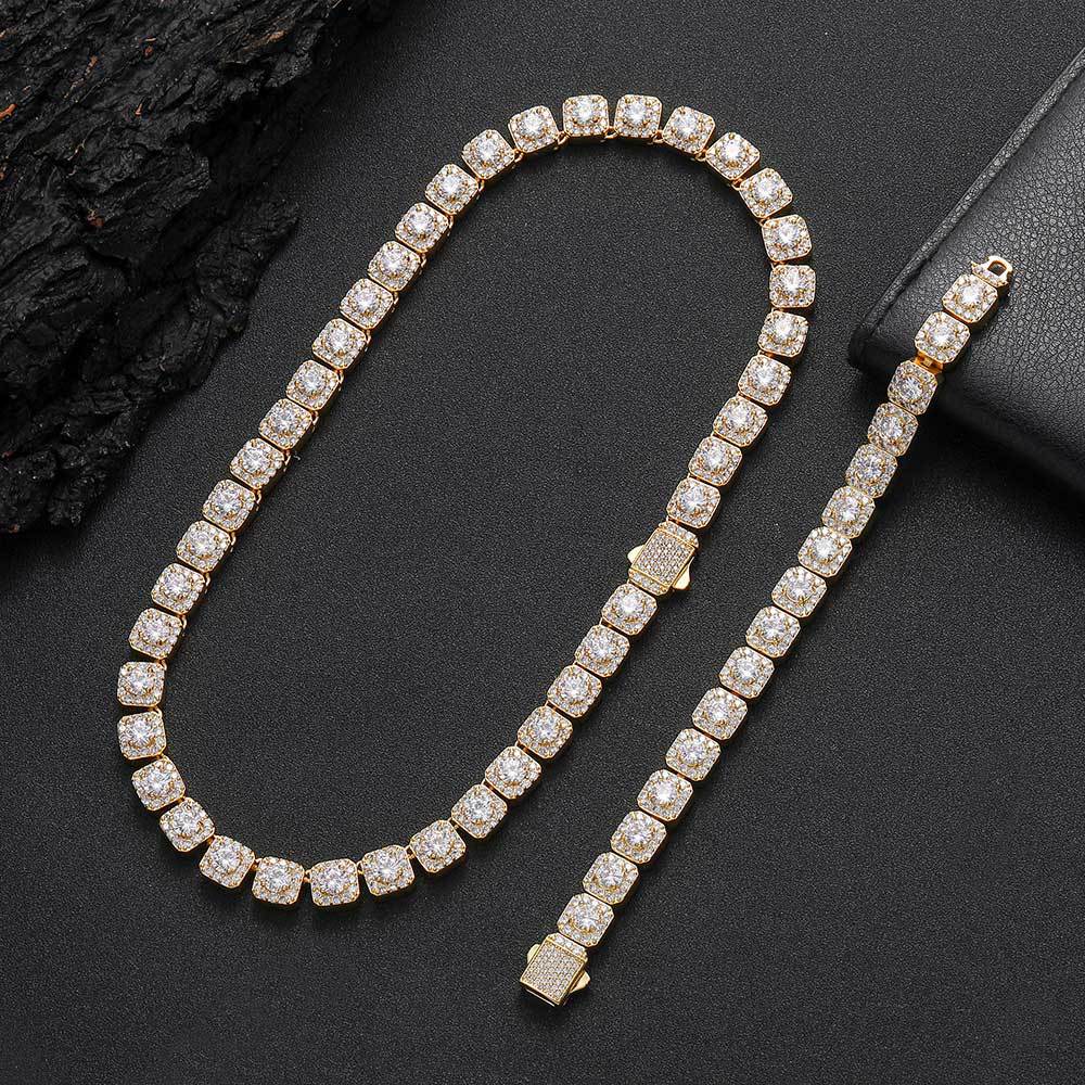 Bling Crystal Sugar Diamond Stone Tennis Necklace for Men Copper 18K Real Gold Plated Hip Hop Necklace Jewelry