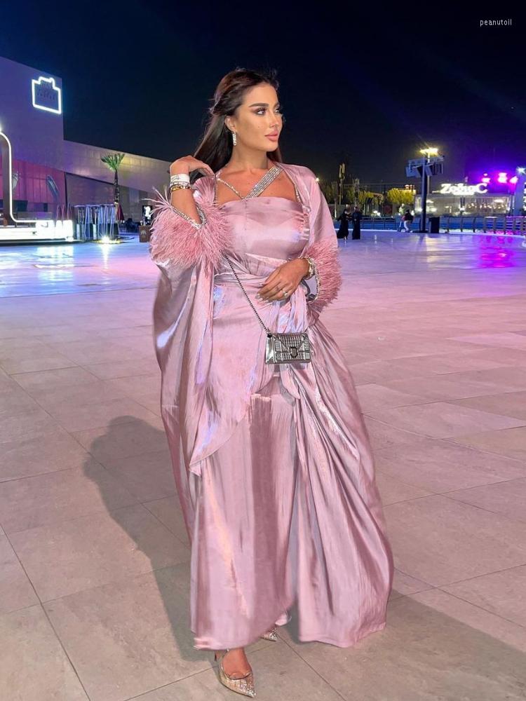 Pink Feather Abaya Dress 3 Piece Set | Satin Muslim Kaftan For Women - Dubai Turkey Style B3