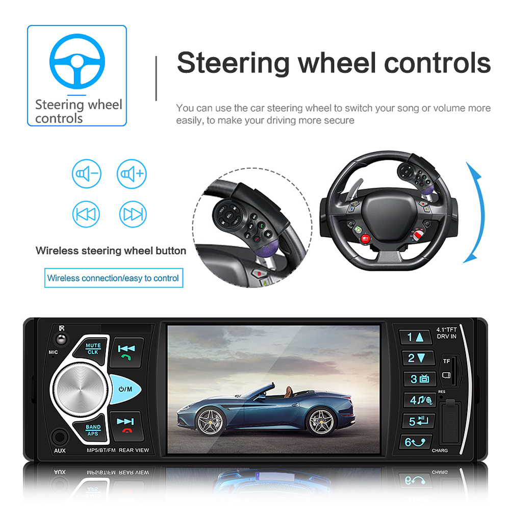 4.1 Inch Car Stereo Radio 1 DIN Bluetooth Hands Free Calling USB AUX Input FM Radio Receiver With Steering Wheel Remote