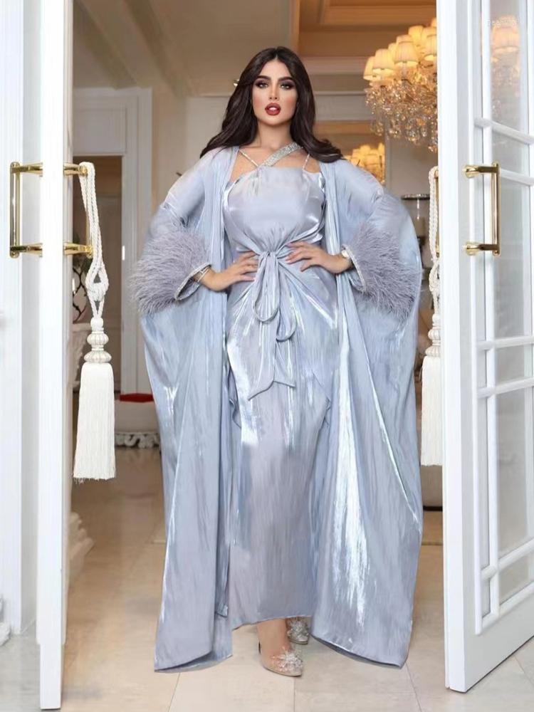Pink Feather Abaya Dress 3 Piece Set | Satin Muslim Kaftan For Women - Dubai Turkey Style B3