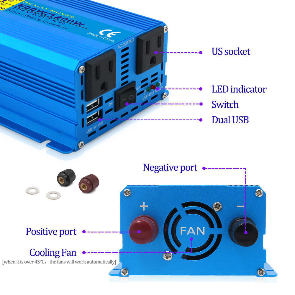 1200W Pure Sine Wave Inverter DC12V to AC 220V/110V Solar Transformer Power Converter Universal US EU Socket Car Accessories