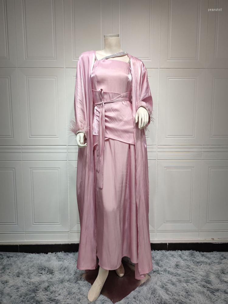 Pink Feather Abaya Dress 3 Piece Set | Satin Muslim Kaftan For Women - Dubai Turkey Style B3