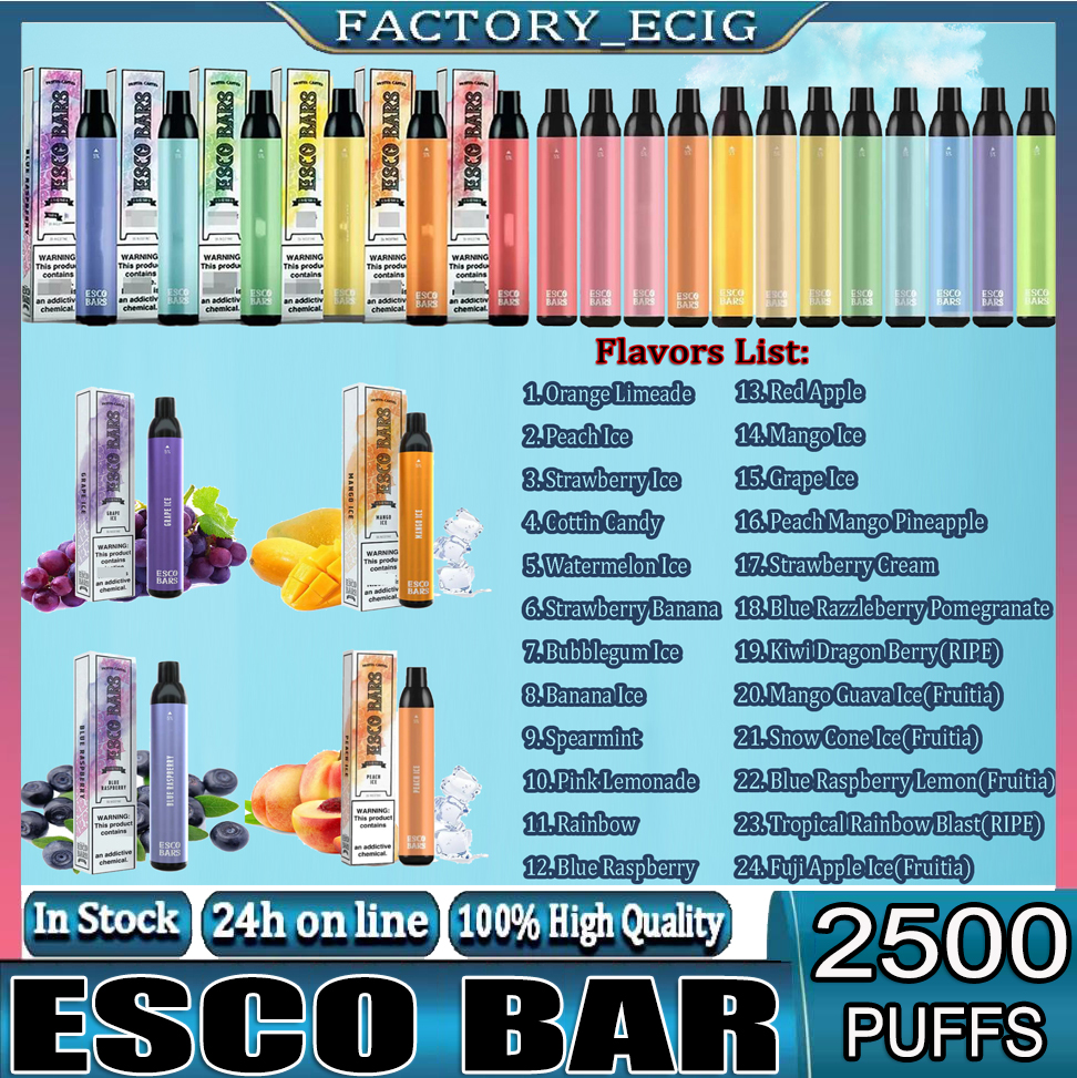 ESCO BARS Disposable Vape E Cigarettes Device Kit 2500 Puffs 1000mAh Battery 8ml Prefilled Mesh Coil Cartridge Pod Vape Pen Bar 24 Flavors
ESCO BARS Disposable Vape E Cigarettes Device Kit 2500 Puffs 1000mAh Battery 8ml Prefilled Mesh Coil Cartridge Pod Vape Pen Bar 24 Flavors