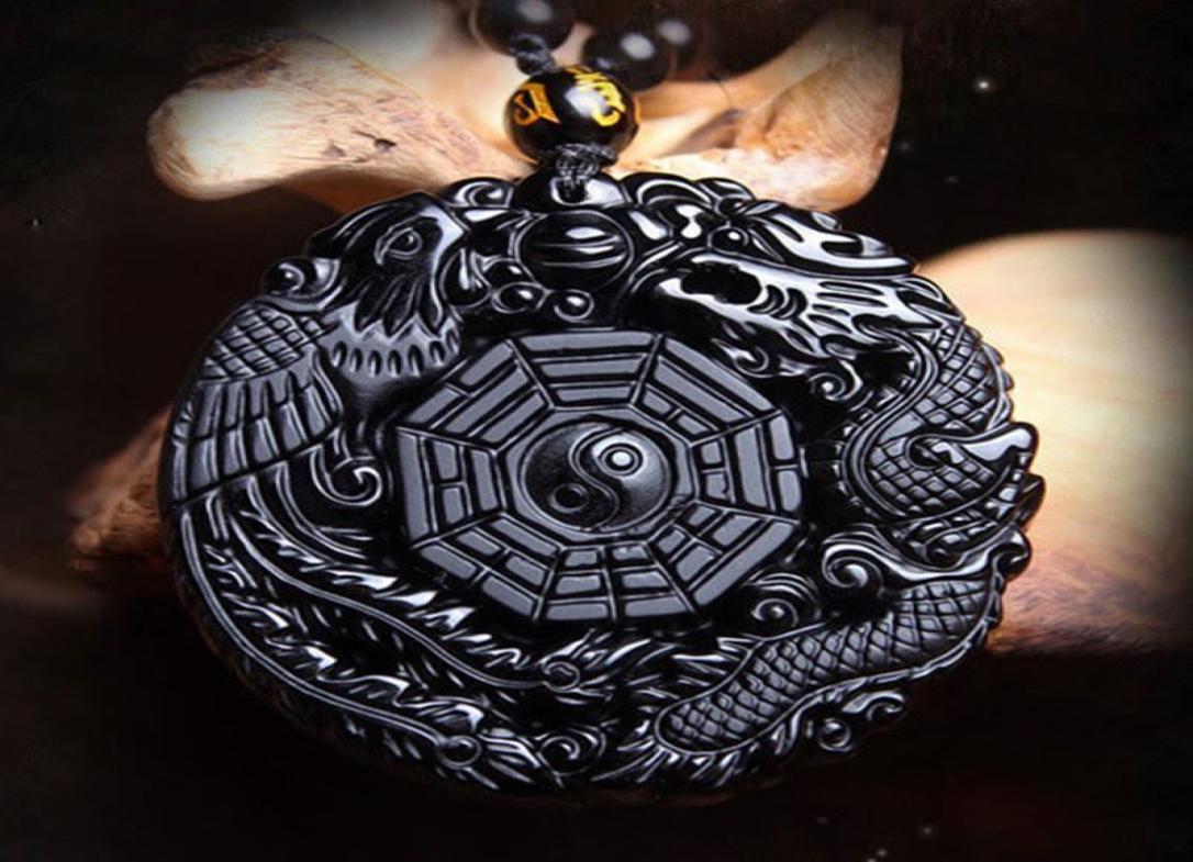 Volcanic Obsidian Phoenix Dragon Yin Yang Pendant Necklace PPUK Stock2084369