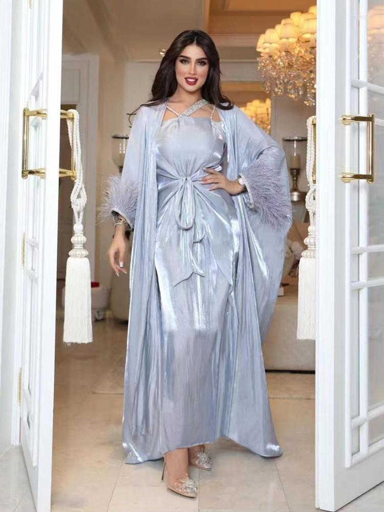 Pink Feather Abaya Dress 3 Piece Set | Satin Muslim Kaftan For Women - Dubai Turkey Style B3