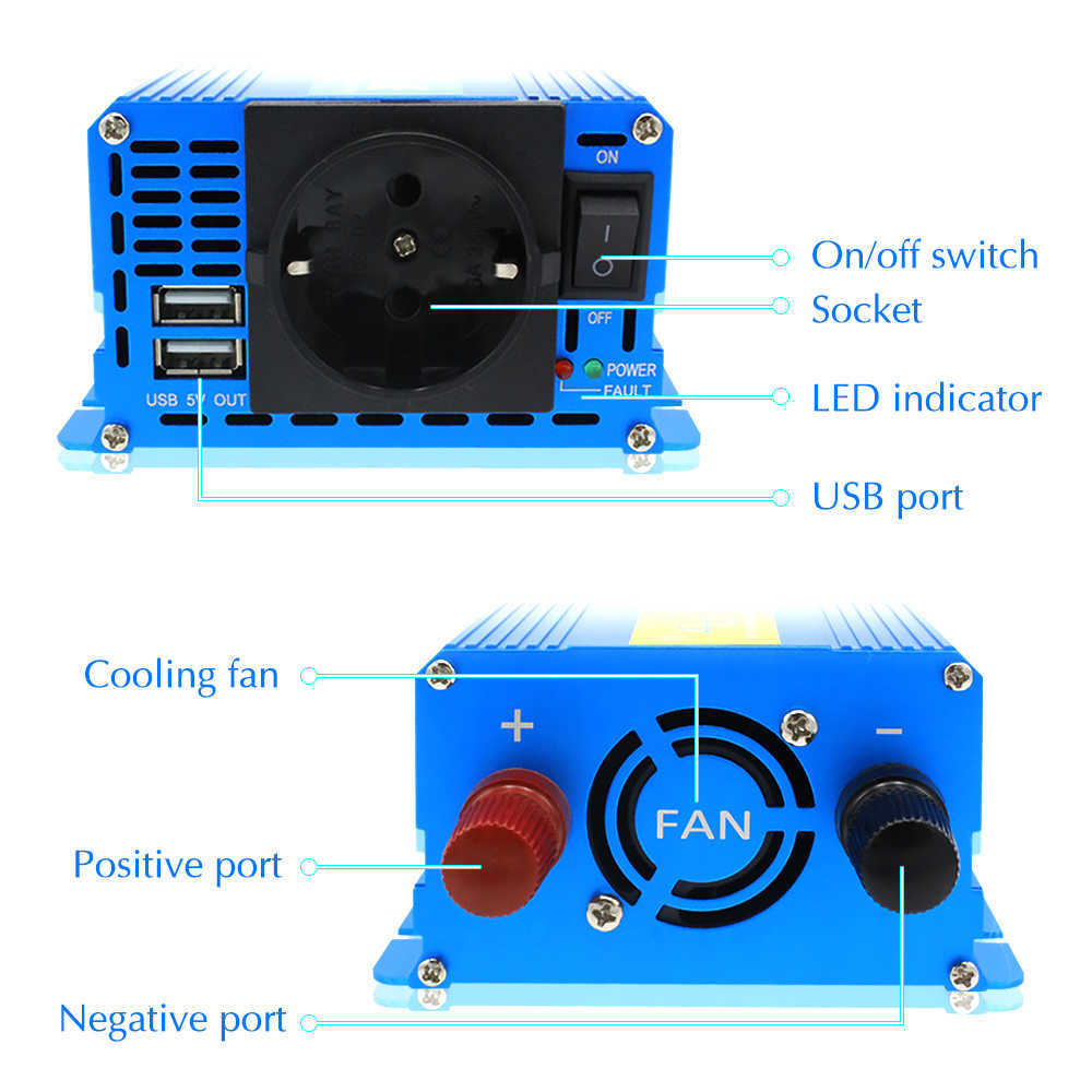 1200W Pure Sine Wave Inverter DC12V to AC 220V/110V Solar Transformer Power Converter Universal US EU Socket Car Accessories