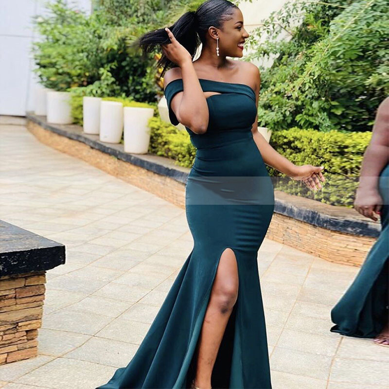 Sexy High Slit Dark Green Bridesmaid Dresses African Women Mermaid Off Shoulder Wedding Guest Party Dress Vestido Madrinha