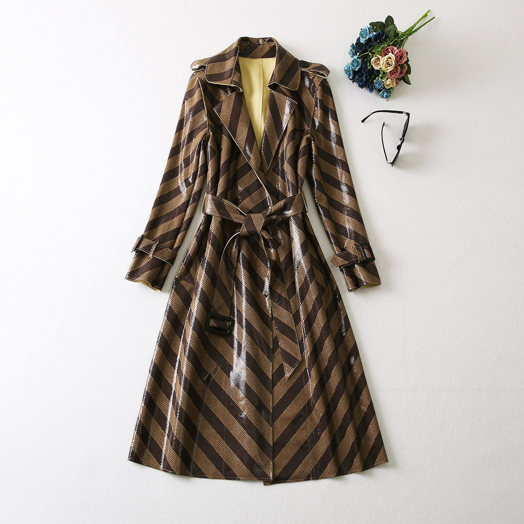 Women's Trench Coats Autumn and winter fashion lapel stripe pattern belt waist long sleeve coat windbreaker 5 sizes s-XXL, Customize
Women's Trench Coats Autumn and winter fashion lapel stripe pattern belt waist long sleeve coat windbreaker 5 sizes s-XXL, Customize
