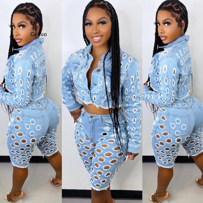 Women' Tracksuits Elegant Jean Ripped Hole Women Two 2 Piece Set Outfit Sweatsuit 2022 Jacket And Knee Length Jeans Matching Tracksuit, Two piece set
Women' Tracksuits Elegant Jean Ripped Hole Women Two 2 Piece Set Outfit Sweatsuit 2022 Jacket And Knee Length Jeans Matching Tracksuit, Two piece set