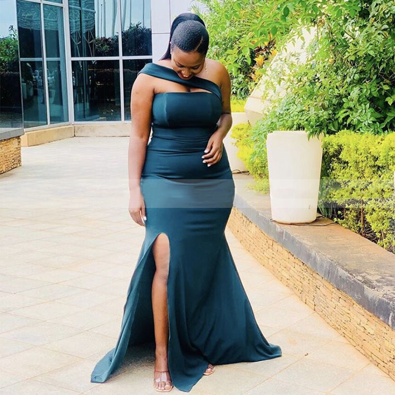 Sexy High Slit Dark Green Bridesmaid Dresses African Women Mermaid Off Shoulder Wedding Guest Party Dress Vestido Madrinha