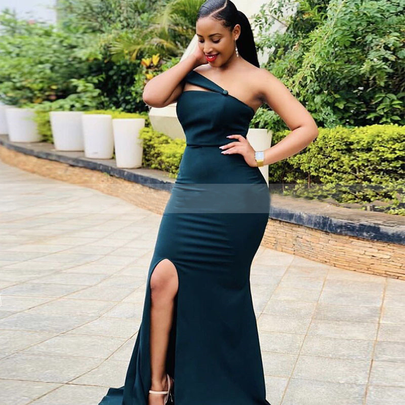Sexy High Slit Dark Green Bridesmaid Dresses African Women Mermaid Off Shoulder Wedding Guest Party Dress Vestido Madrinha