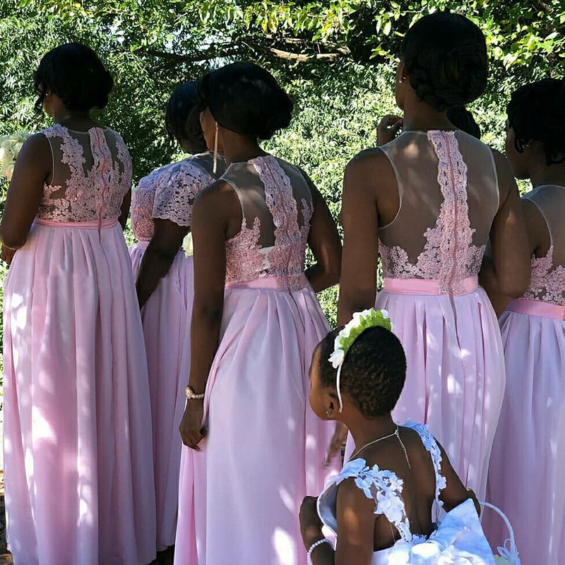 Pink Chiffon Sheer Neck Lace Applique Long Bridesmaid Dress Side Split African Formal Party Gown Plus Size vestido madrinha
