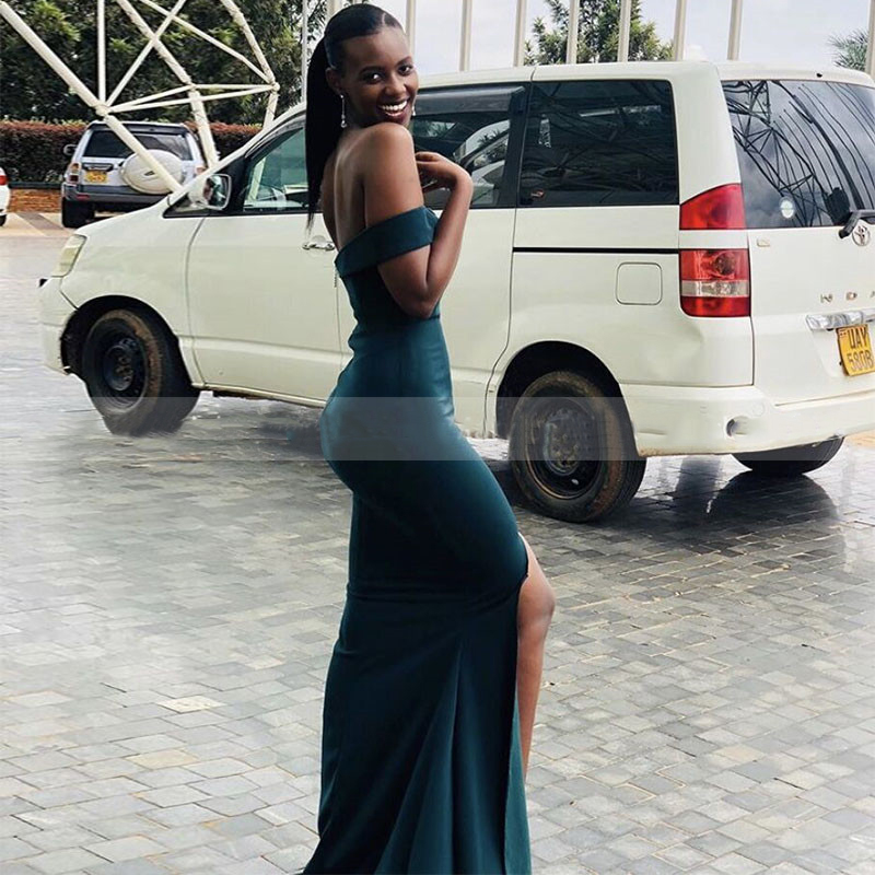 Sexy High Slit Dark Green Bridesmaid Dresses African Women Mermaid Off Shoulder Wedding Guest Party Dress Vestido Madrinha