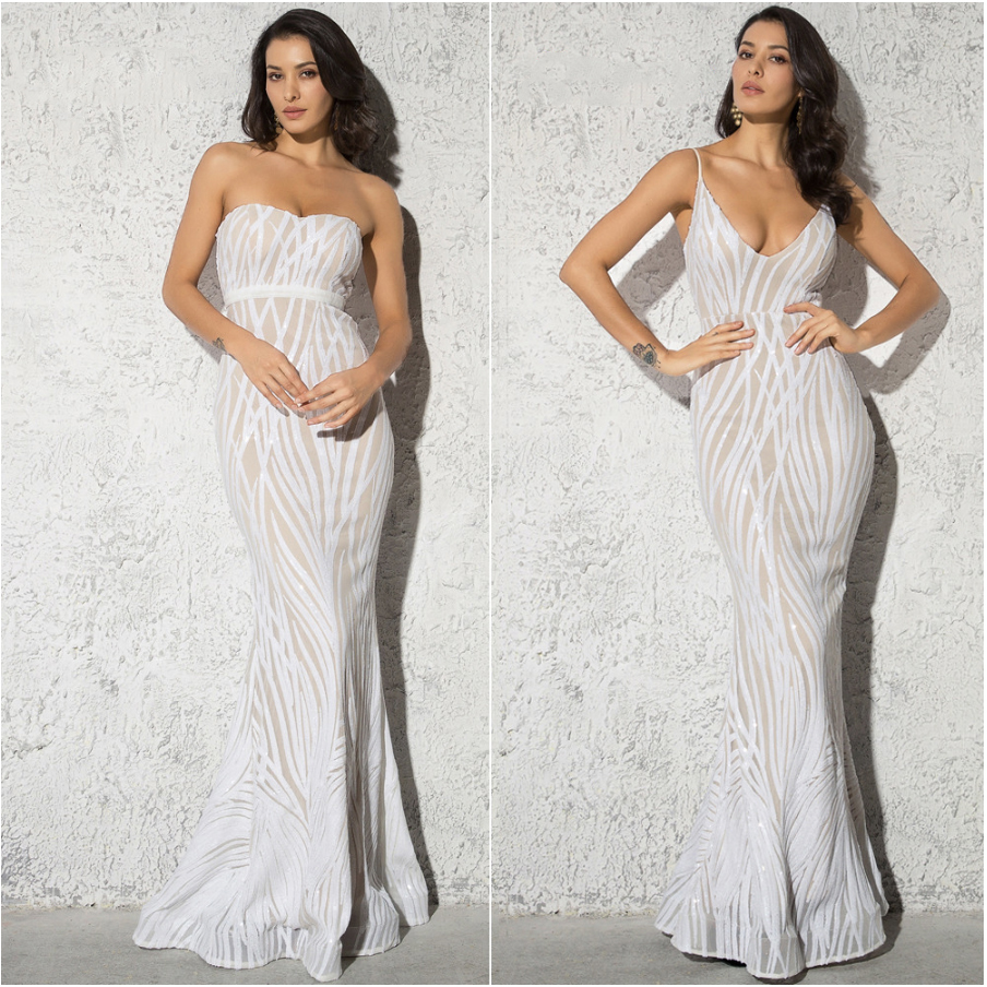 White Strapless Bridesmaid Sequined Maxi Dresses or Length Stretch Empire Sleeveless Mermaid Dress Evening Prom Party Gowns