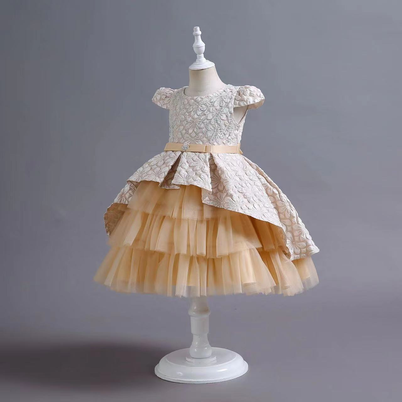 2023 Gold Crystal Flower Girls Dress pink Pageant Dresses Ball Gown Beaded Toddler Infant Clothes Little Kids Birthday Gowns