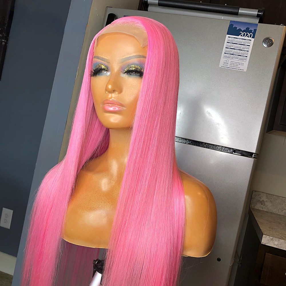 Pink Colored 13x4 HD Lace Frontal Wigs Brazilian Straight Human Hair Wigs For Women Synthetic Bleached Knots Pre Plucked
