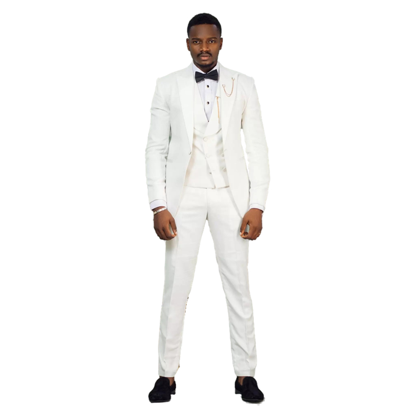 Classic Men Suits Wedding Tuxedos White 3 Pieces Groom Wear Jacket Vest Pants Peaked Lapel Long Sleeves Mens Blazer Evening Prom Party Formal Gown