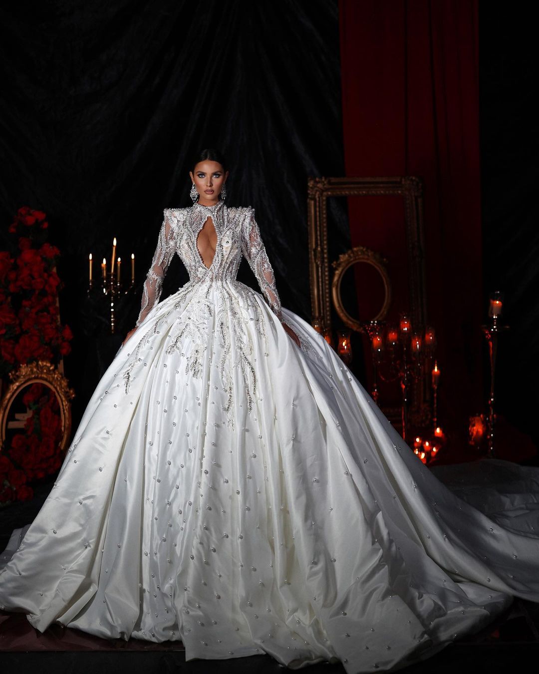 urious Princess Ball Gown Wedding Dresses High Neck Full Sleeve Pearls Beading Lace Vestido De Noiva Custom Made Bridal Dress