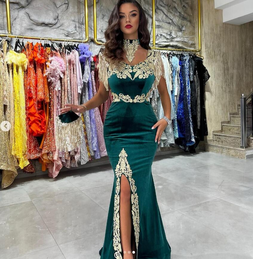 Elegant Green Algeria Kaftan Prom Dresses 2023 Velvet Cap Sleeve Mermaid Turish Evening Dress Morrocan Dubai Sexy Slit Party Noite Robes De Soiree Ves