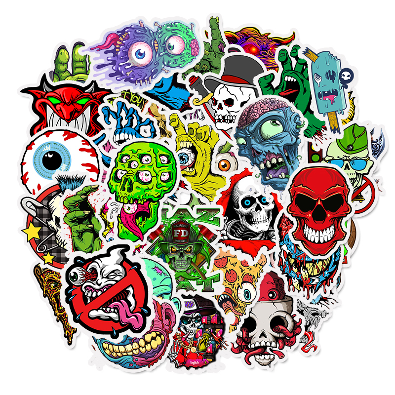 50pcs Waterproof Laptop Skull Horrible Stickers Graffiti Patches Decals for Car Bike Motorcycle Bicycle Luggage Skateboard Guitar Helmet DIY Sticker