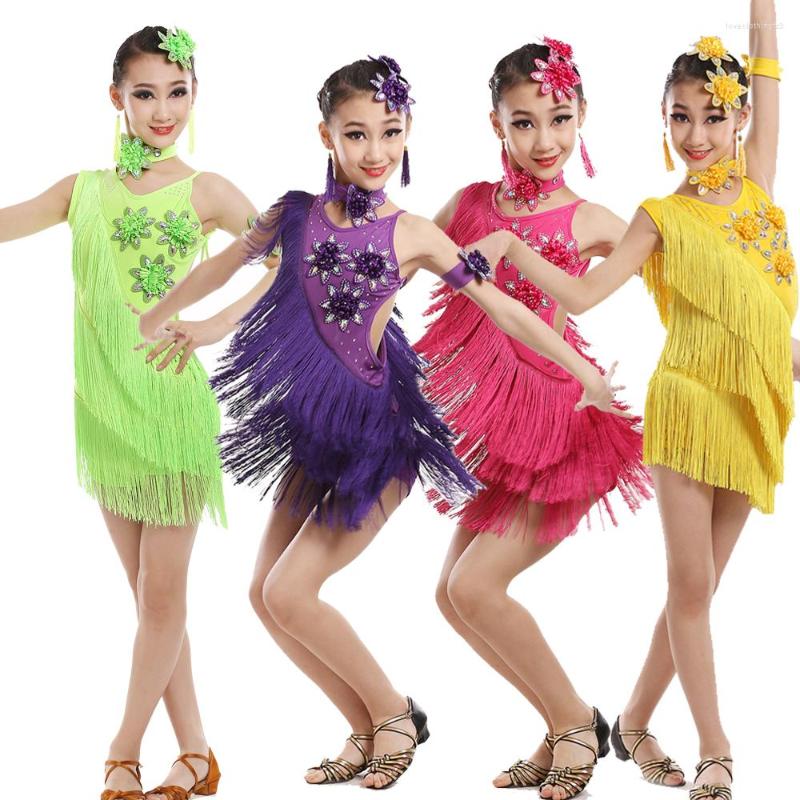 Kids Sequin Tassel Latin Dance Costumes For Compeon, Stage Performance, And Gymnastics