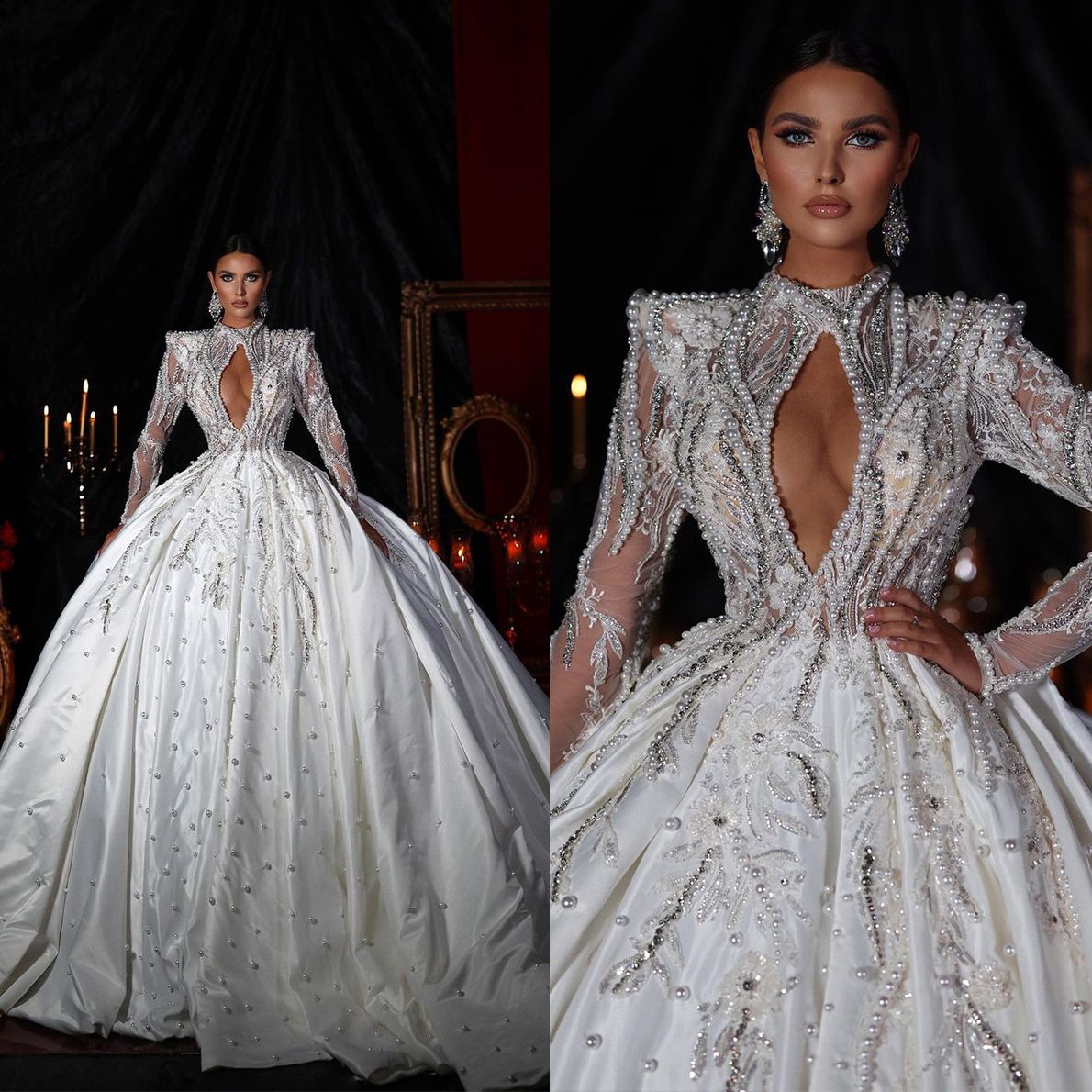 urious Princess Ball Gown Wedding Dresses High Neck Full Sleeve Pearls Beading Lace Vestido De Noiva Custom Made Bridal Dress