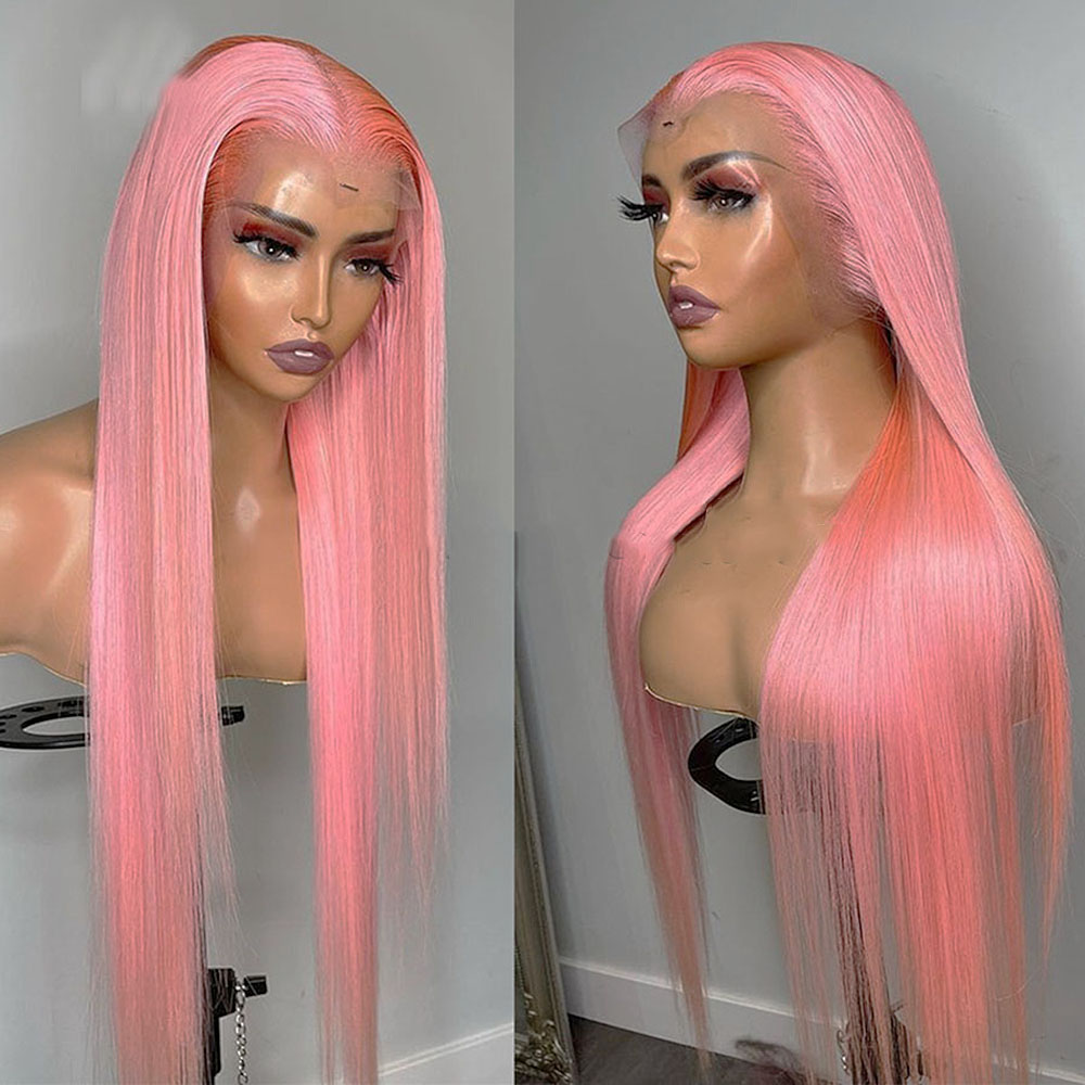 Pink Colored 13x4 HD Lace Frontal Wigs Brazilian Straight Human Hair Wigs For Women Synthetic Bleached Knots Pre Plucked