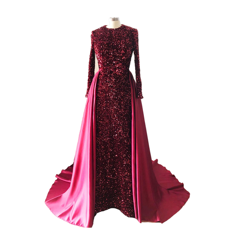 Elegant Glitter Sequined Mother Of The Bride Dresses Long Sleeves Burgundy Wedding Party Gowns Groom Mom Formal Evening Gowns Muslim Prom Outfit 2023